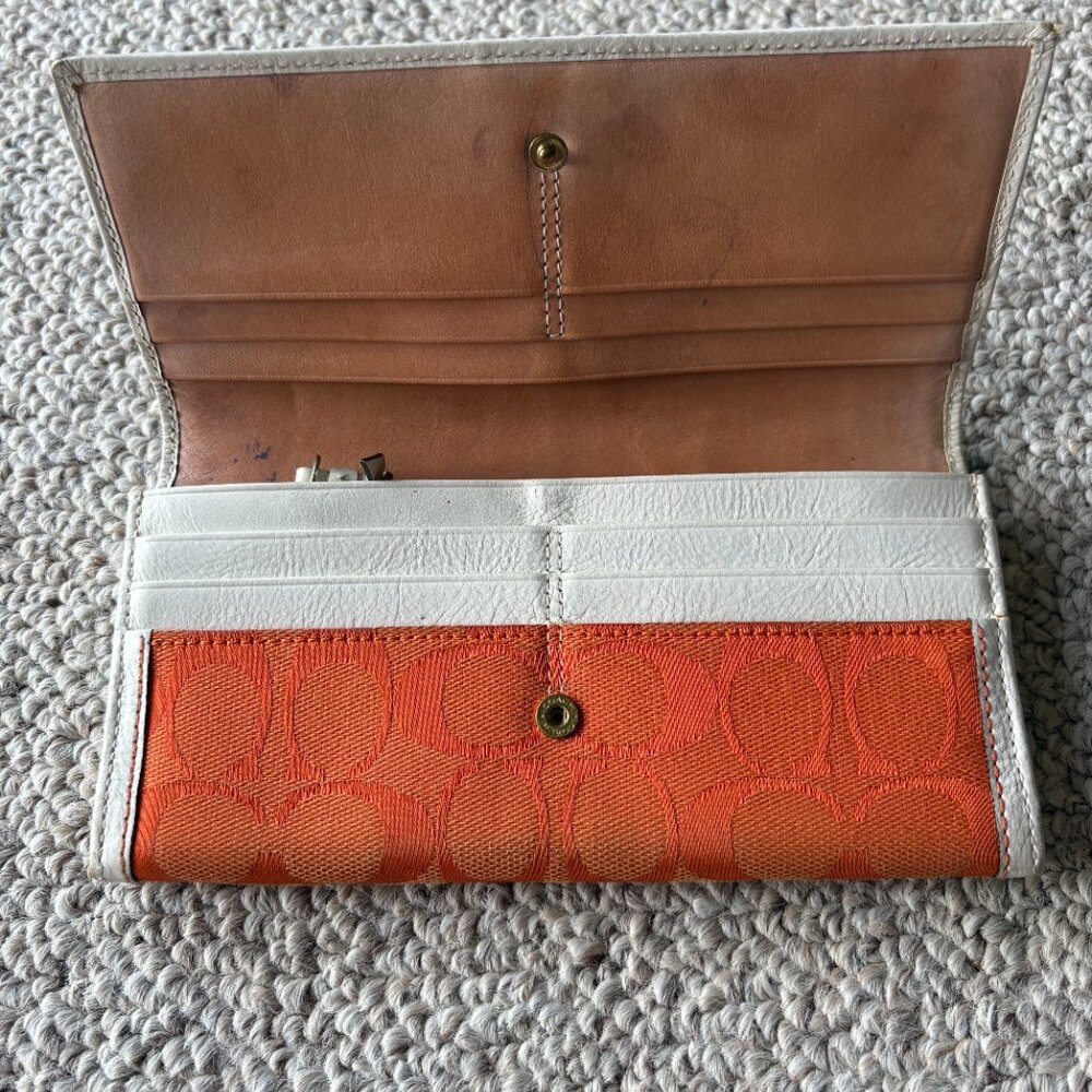 Coach Orange Signature Jacquard Trifold Wallet | Checkbook Clutch - Picture 5 of 11